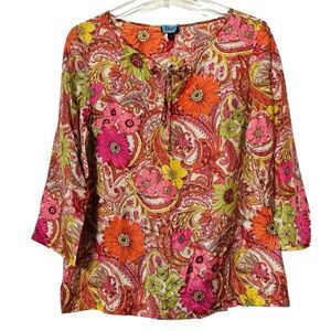 VTG 60s Pucci Talbots Silk Floral Psychedelic Pink Yellow Orange Peasant Top XS